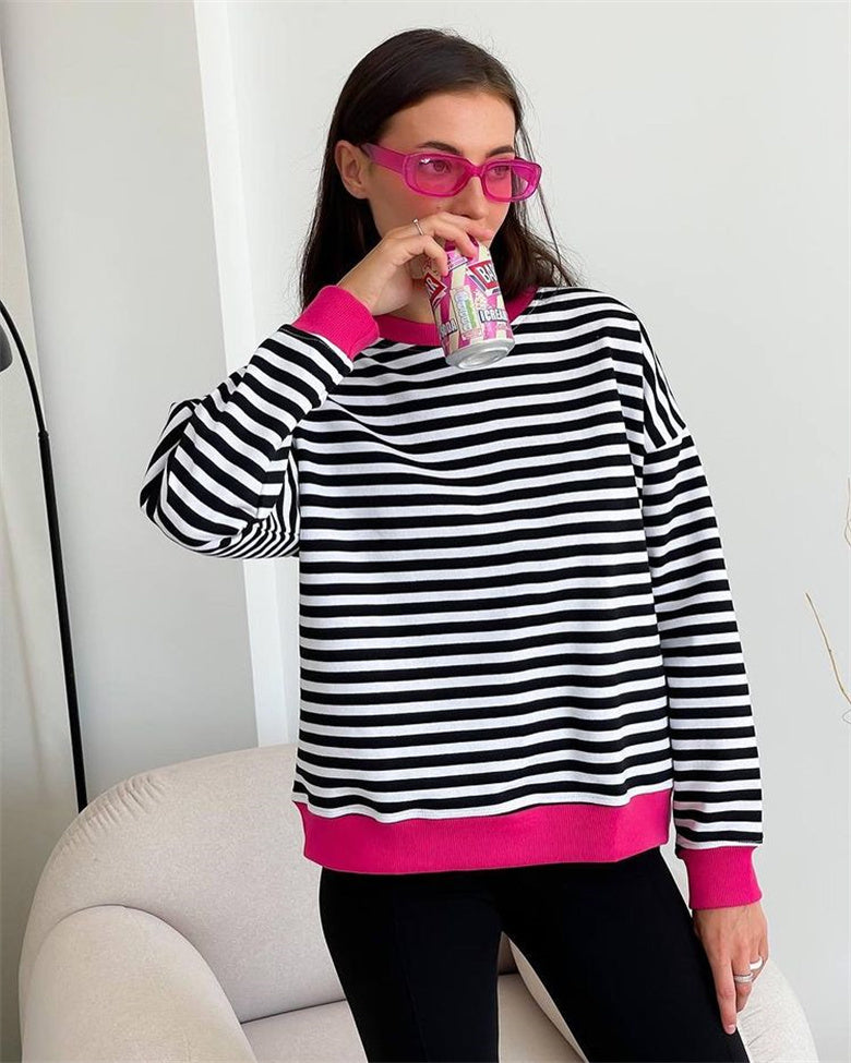 Simple Striped Color Contrast Long Sleeve Thin Sweater