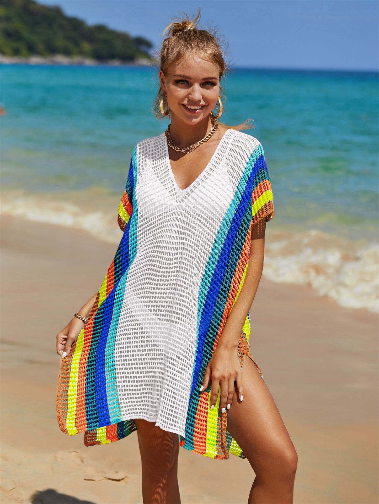 Summer Beach Hollow Out Cutout Knitted Rainbow Cover-up