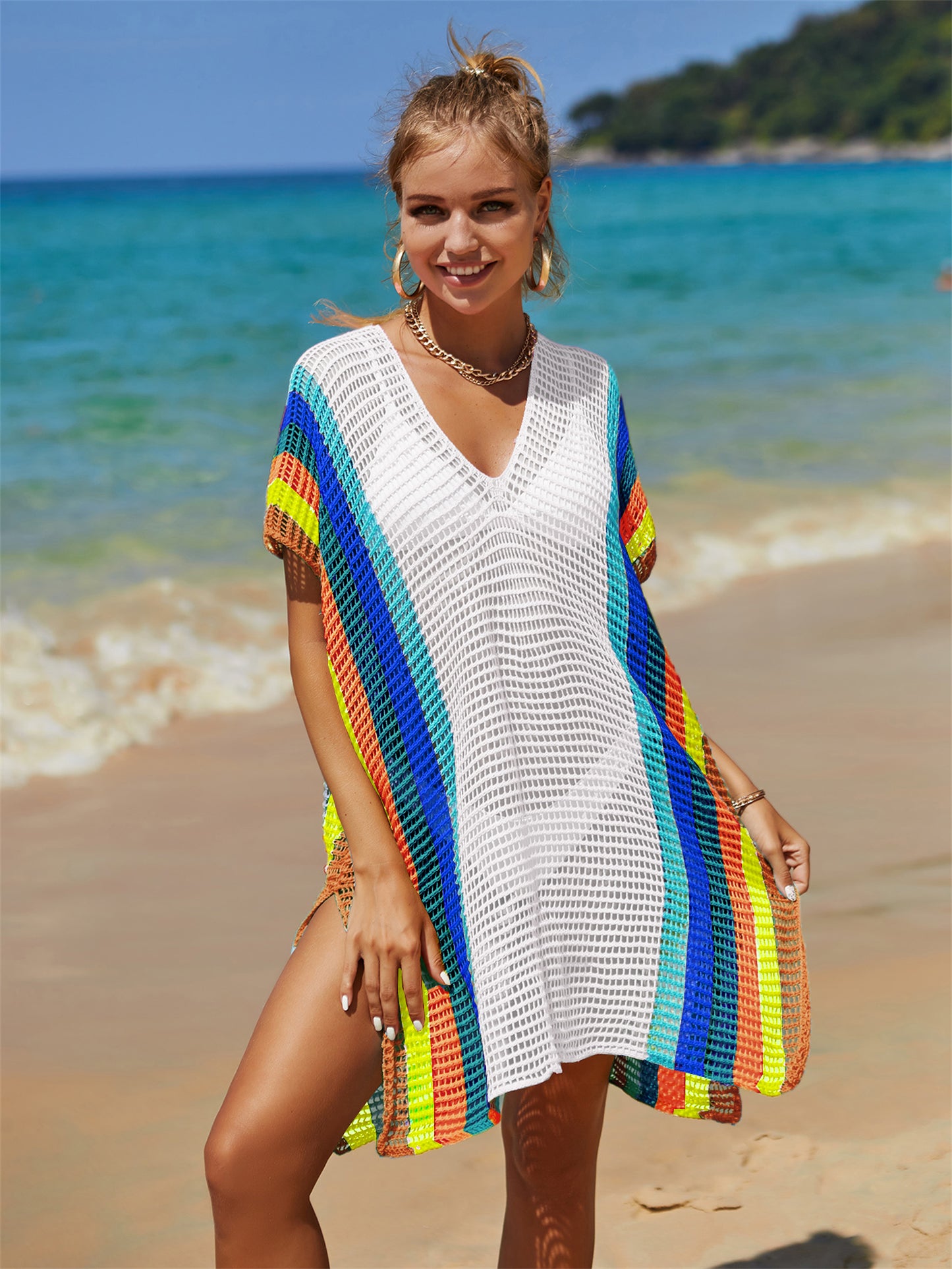 Summer Beach Hollow Out Cutout Knitted Rainbow Cover-up