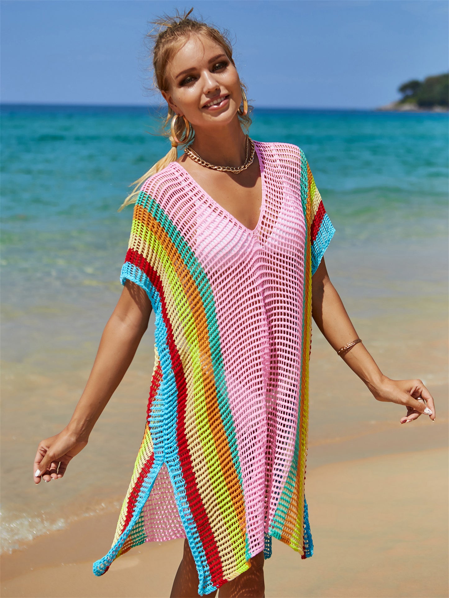 Cache-cœur arc-en-ciel tricoté découpé Summer Beach