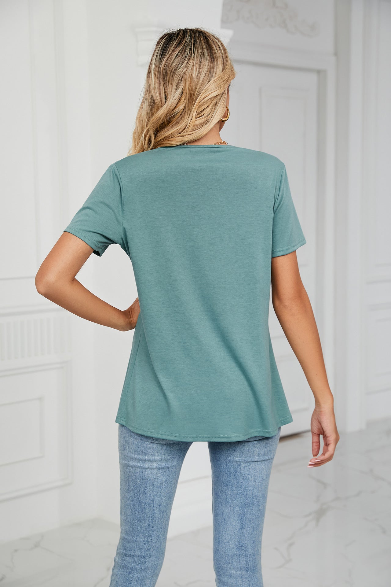 Solid Color round Neck Criss Cross Loose Short Sleeve T-shirt Top