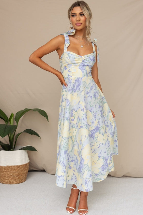 Summer Personality Waist V Neck Strap Print Mid length Dress