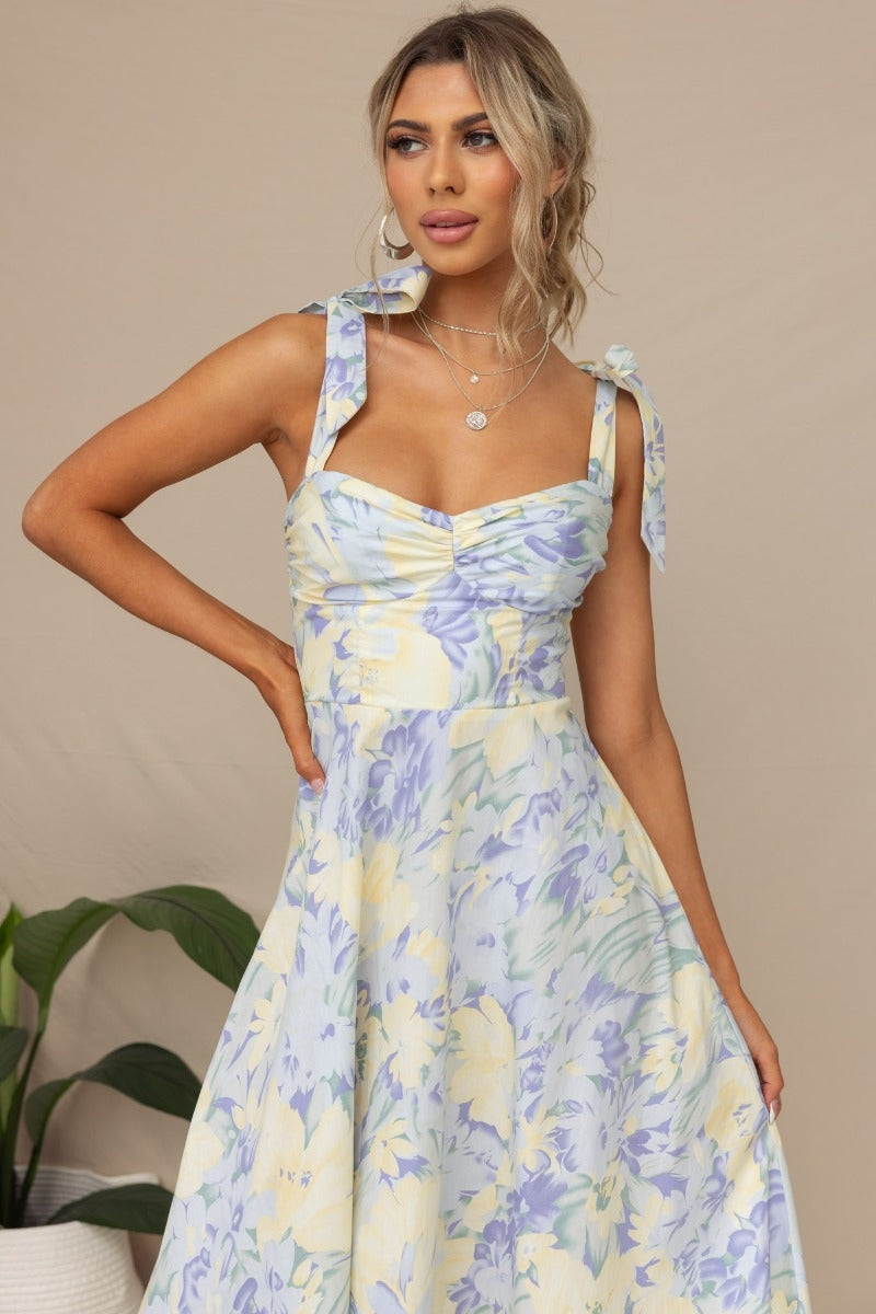 Summer Personality Waist V Neck Strap Print Mid length Dress