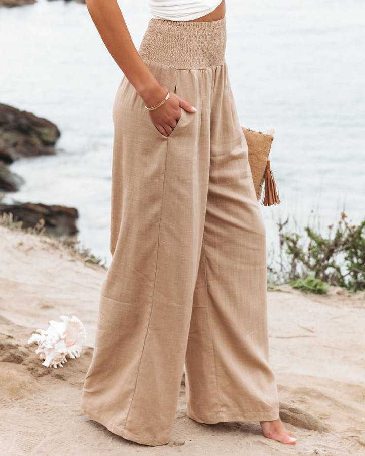 Cotton Linen Solid Color Elastic Waist Wide Leg Pants