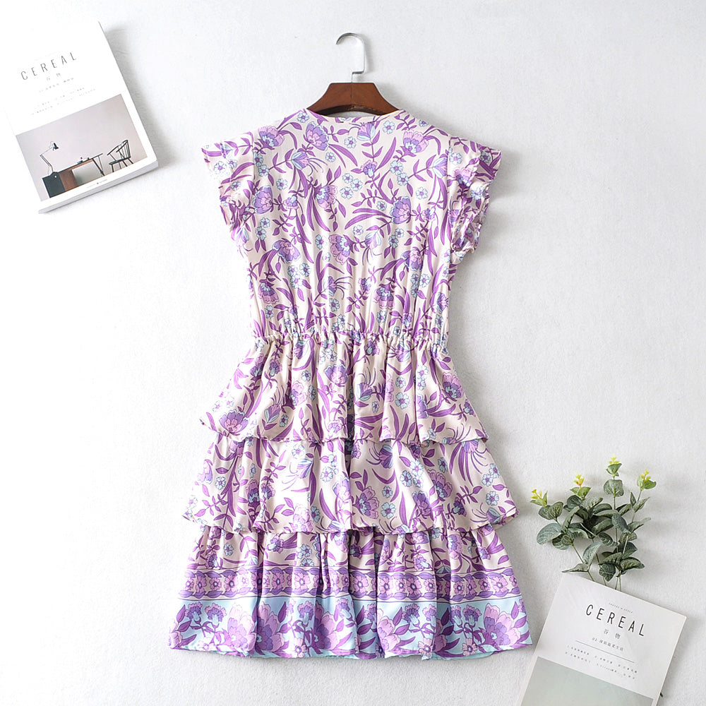 Short Sleeve Ruffle Sleeve Printed Dress