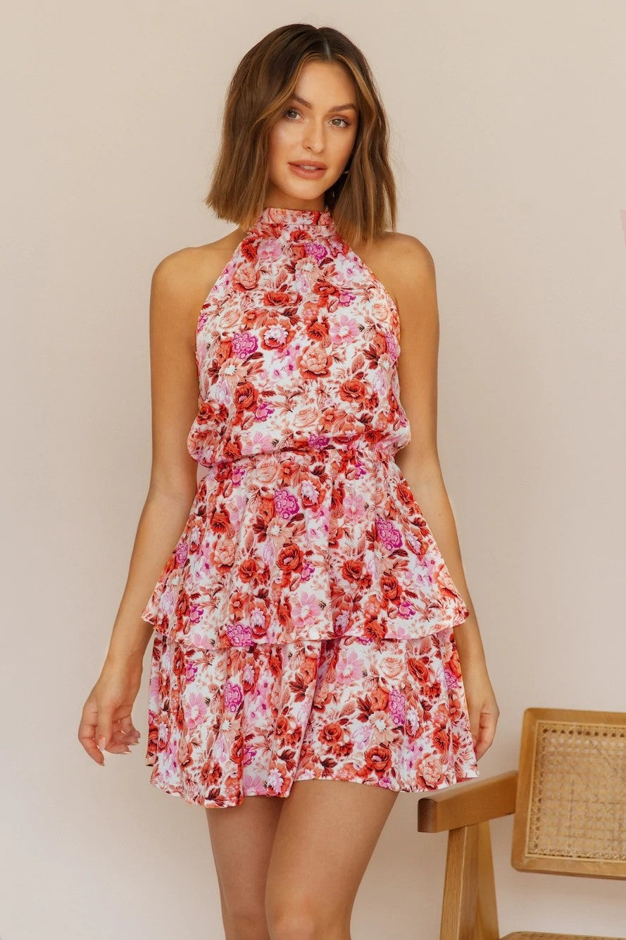 Vacation Floral Ruffled Tiered A Line Tie Backless Dress