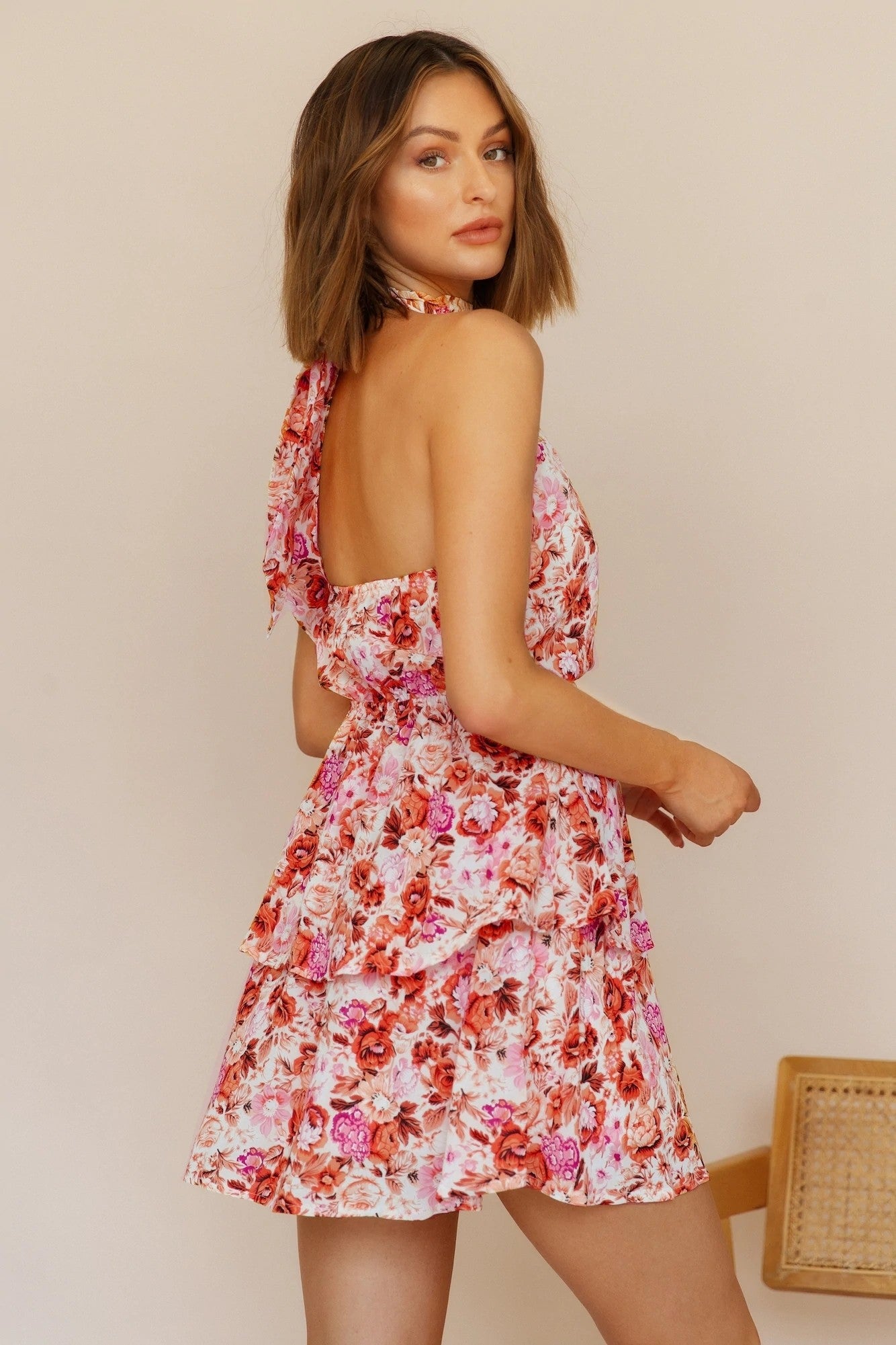 Vacation Floral Ruffled Tiered A Line Tie Backless Dress