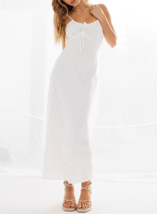White V neck Hollow Out Cutout Knitted French Slim Dress