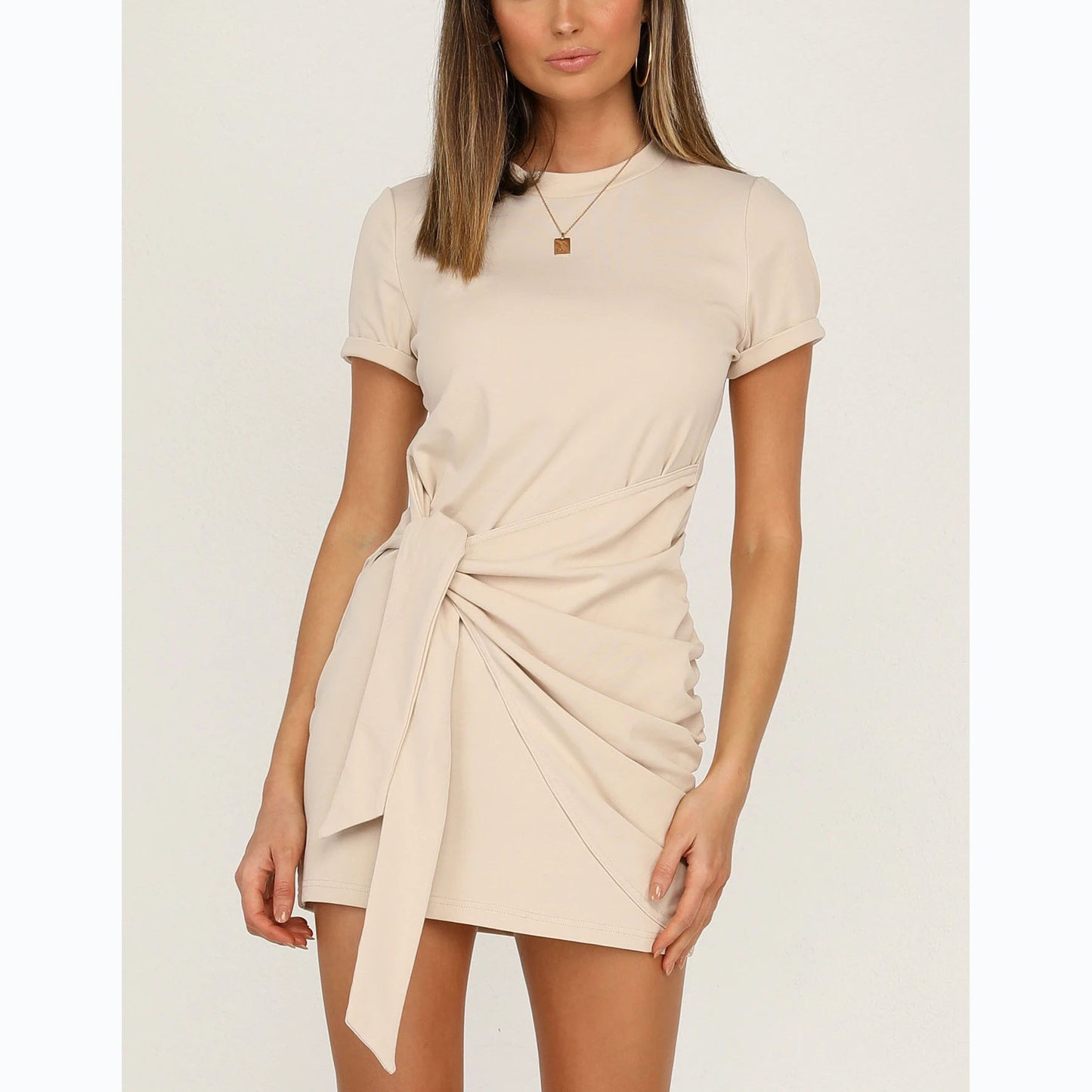 Lower Hem with Lace Solid Color Short Sleeve Dress