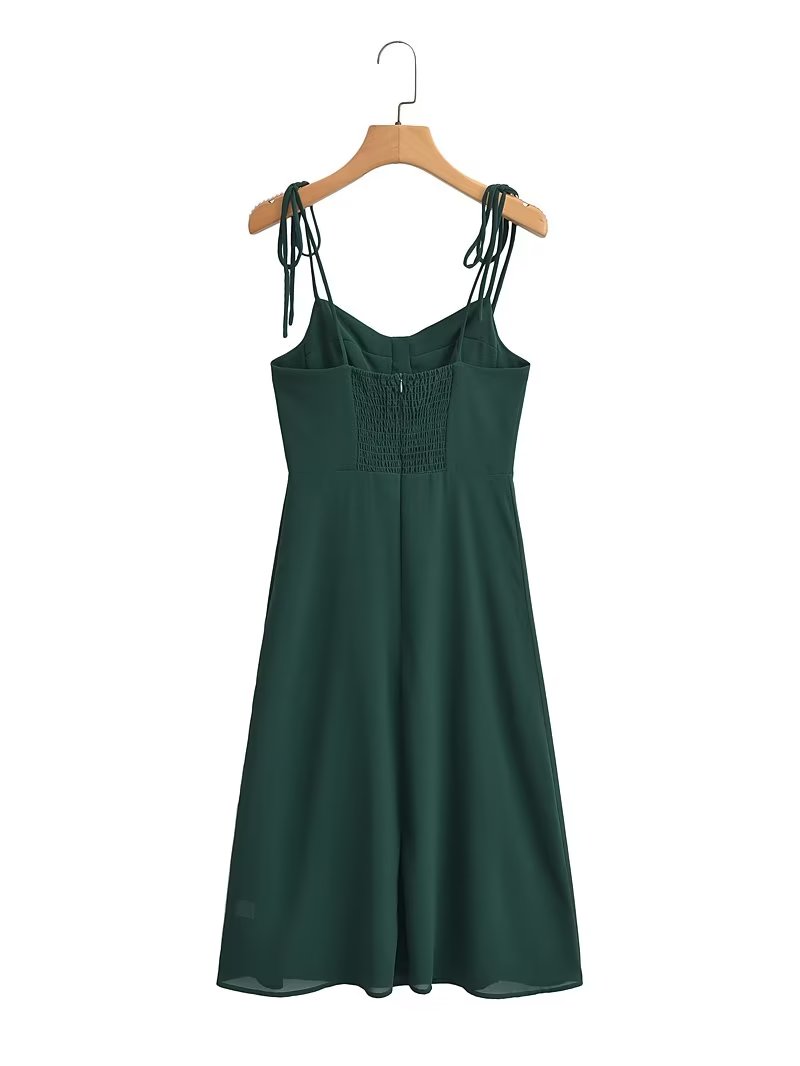 Elegant Side Slit Mid Length Tied Spaghetti Strap Dress