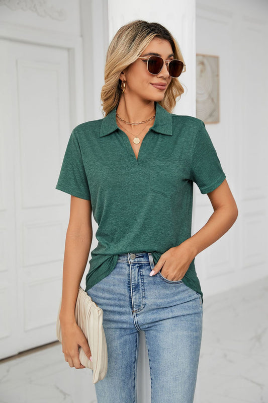 Solid Color Short Sleeve Collared Pocket Loose Fitting T shirt Top