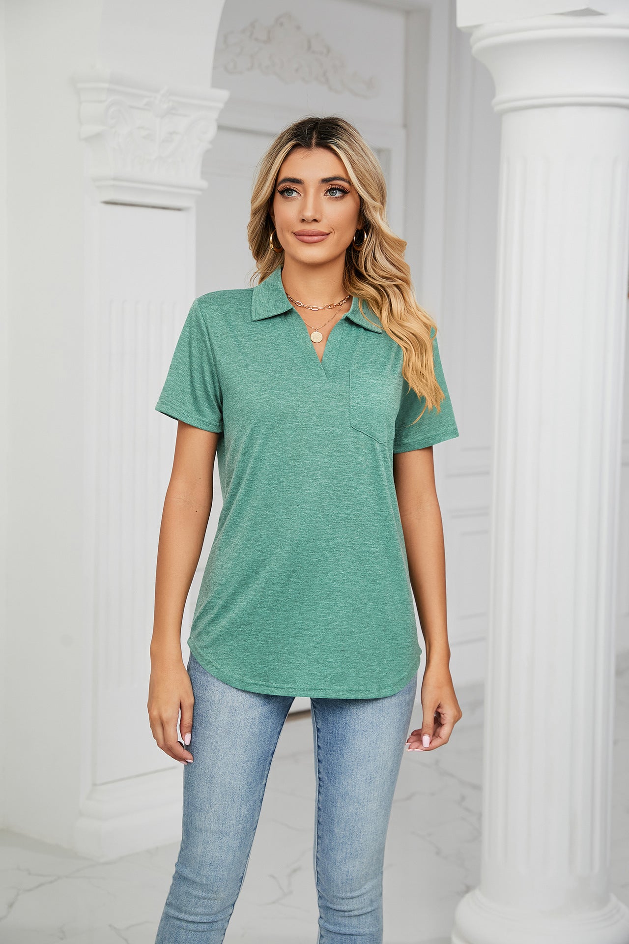 Solid Color Short Sleeve Collared Pocket Loose Fitting T shirt Top