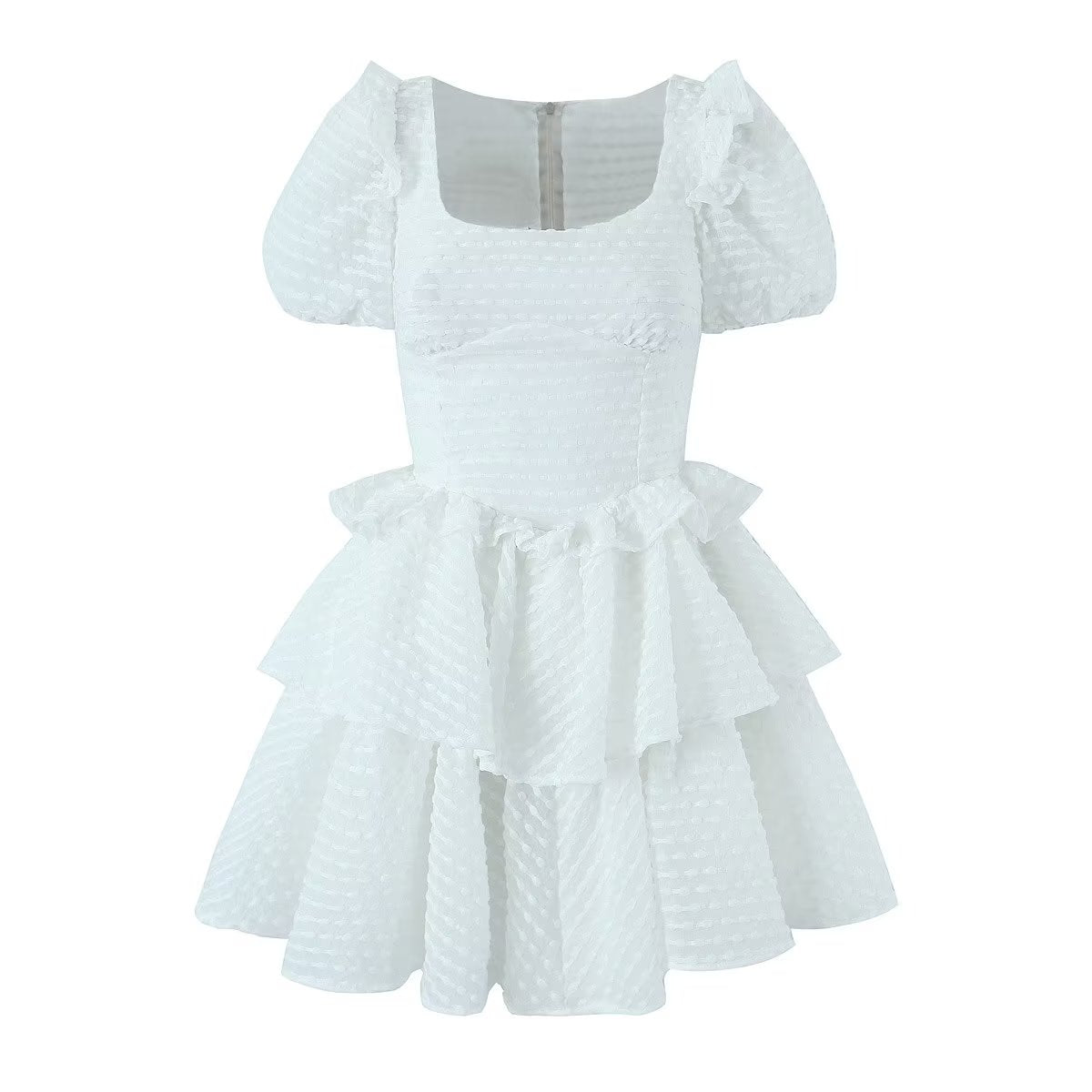 Sweet Fresh Sexy Lace Puff Sleeve Layer Puffy Tiered Dress