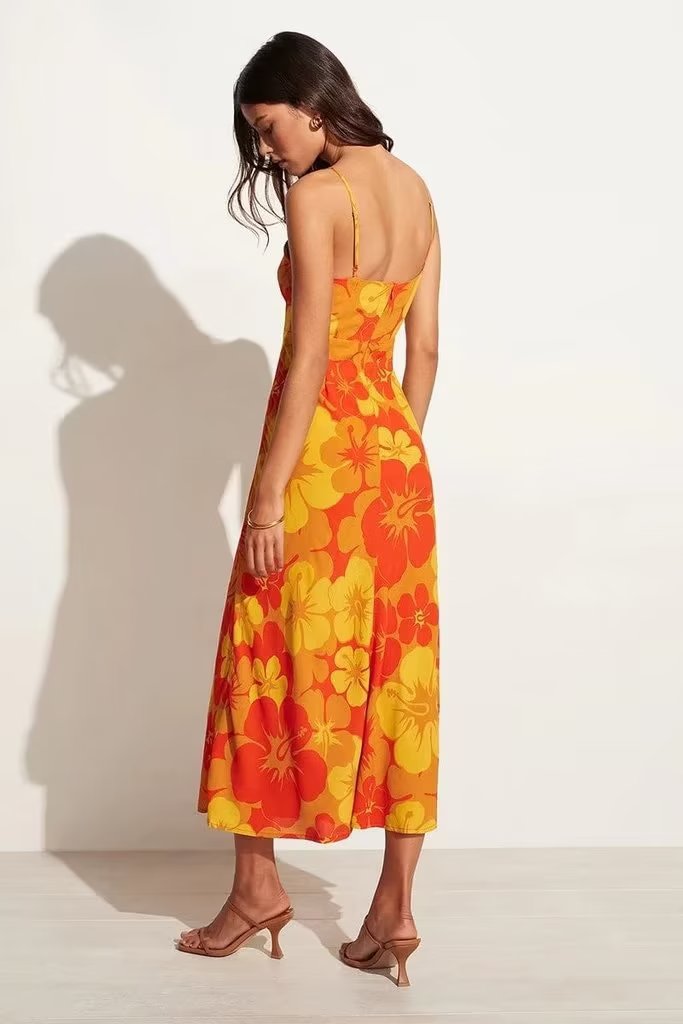 Frühlings-Sling-Kleid mit quadratischem Kragen, Gürtel und Taille, bedrucktes A-Linien-Kleid