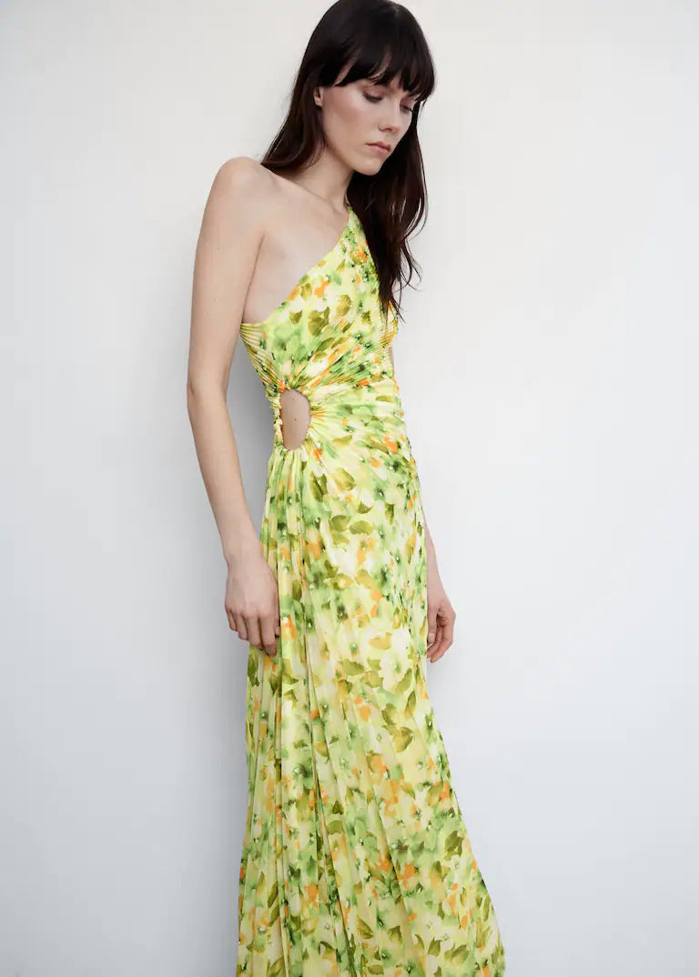 French One-Shoulder Floral Printed Pleated Dress