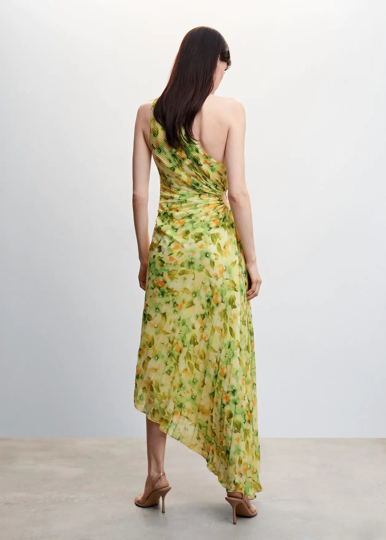 French One-Shoulder Floral Printed Pleated Dress