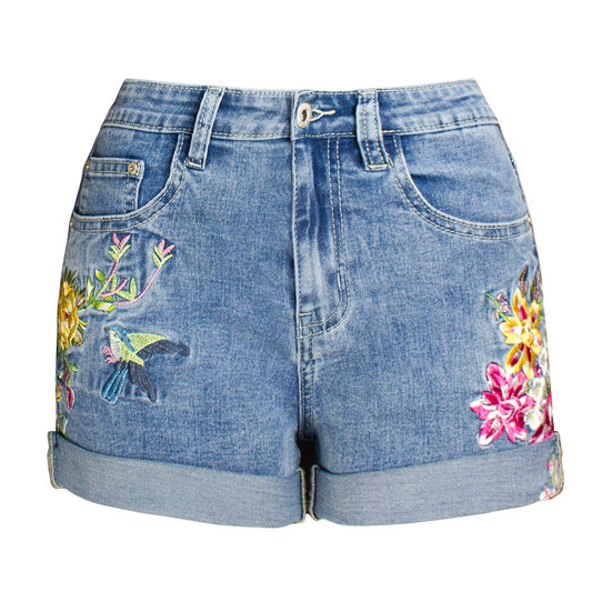 Pantalones cortos de mezclilla florales bordados exquisitos en 3D de ropa elástica de pierna ancha