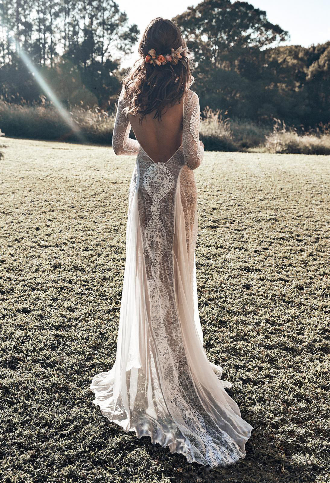 Lange mouw kant sexy backless dweilen trouwjurk formele kleding