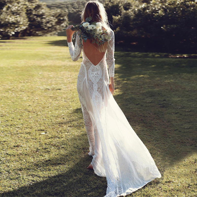 Langarm-Spitze, sexy, rückenfrei, Hochzeitskleid, formelles Kleid