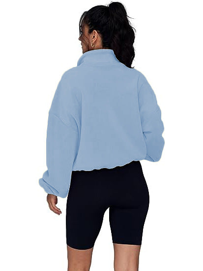 Half Zipped Stand Collar Drawstring Hem Polar Fleece Sweatshirt