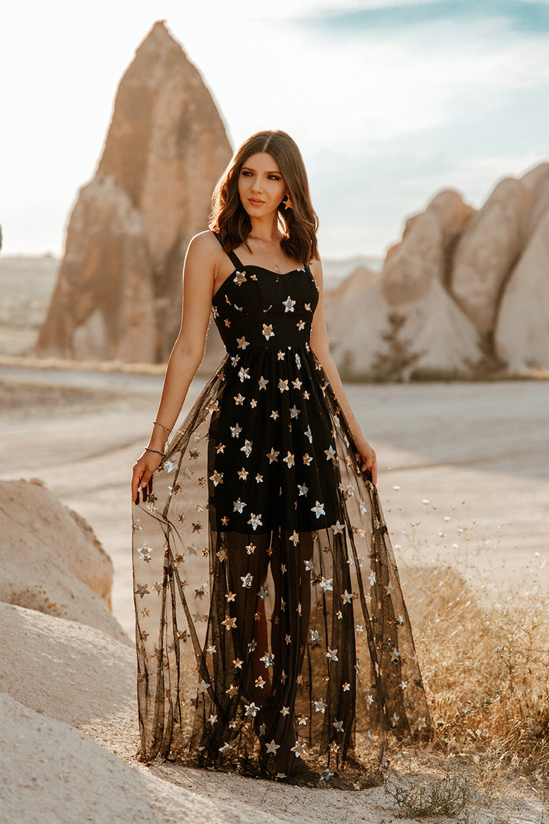 Five Pointed Star Mesh Camisole See Through Maxi Dress