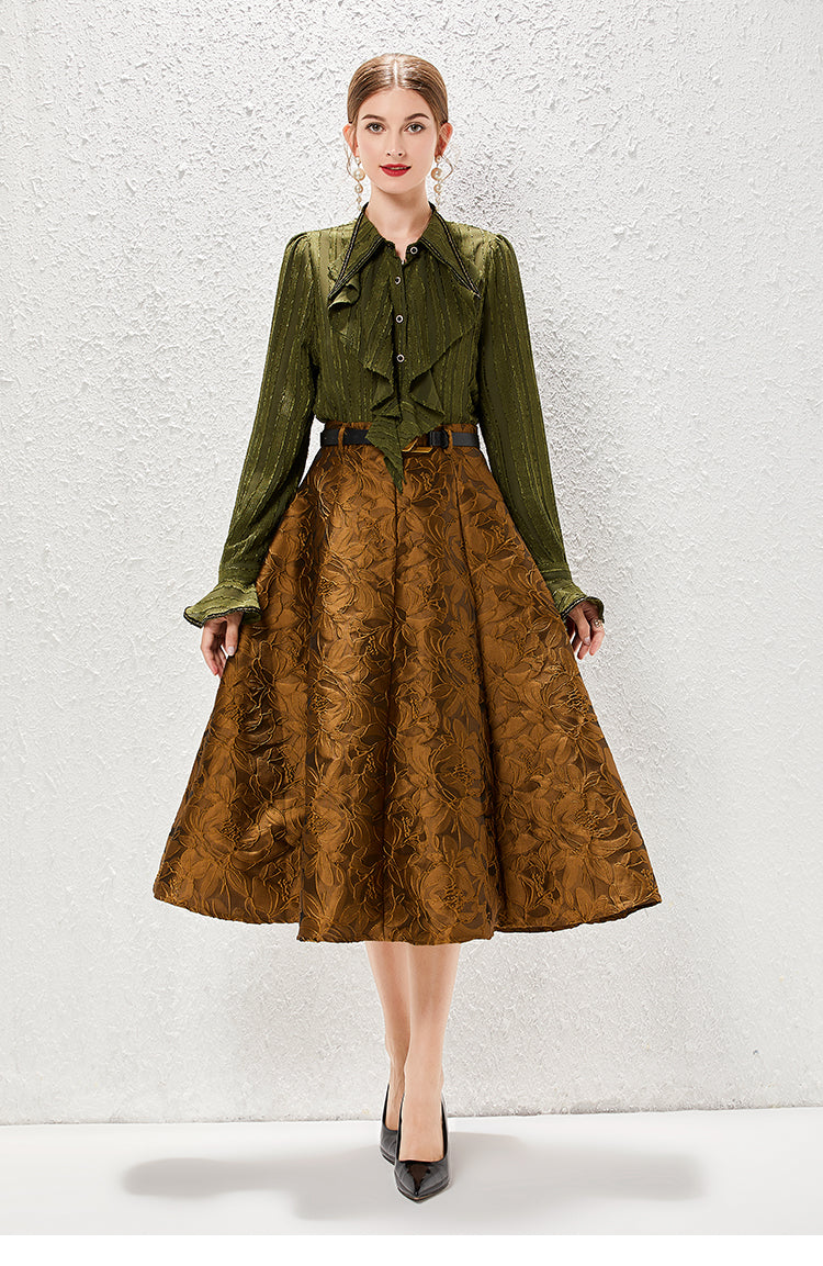 French Style Light Luxury Vintage Autumn Ruffled Shirt Skirt Two piece Set