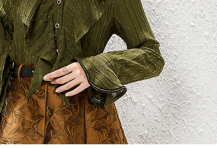 Style français léger luxe Vintage automne chemise à volants jupe deux pièces ensemble