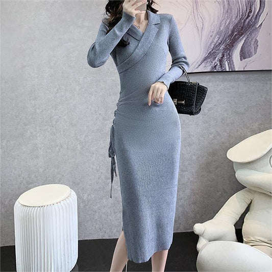 Elegant Collared Knitted Waist Controlled Long Sleeves Sweater Dress