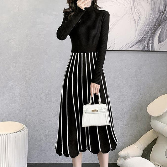 Faux Two Piece Turtleneck Long Sleeved Knitted Dress