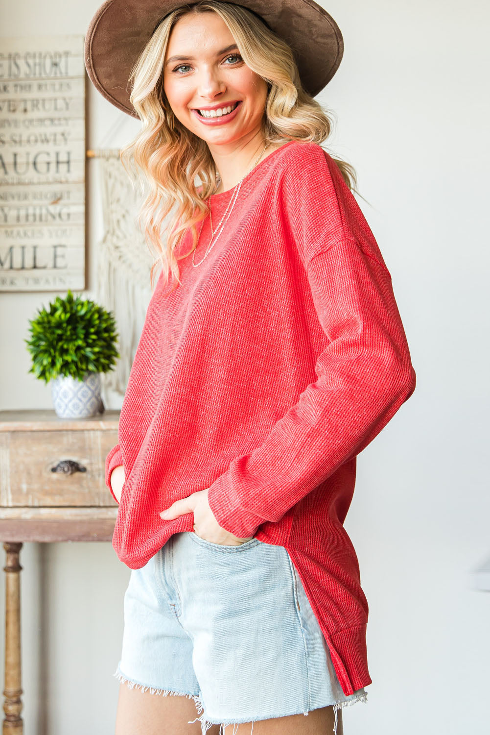 Knitted Mid Length Long Sleeve Side Slit Waffle Sweatshirt