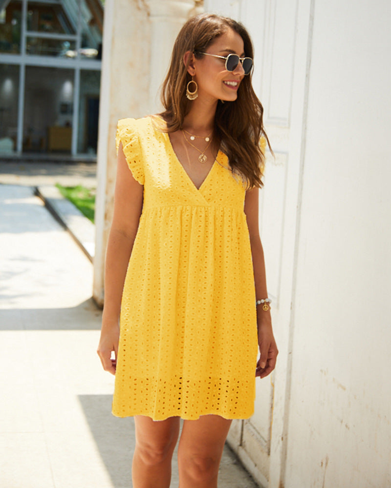 Summer V-neck Short SleeveLace Midi Dress