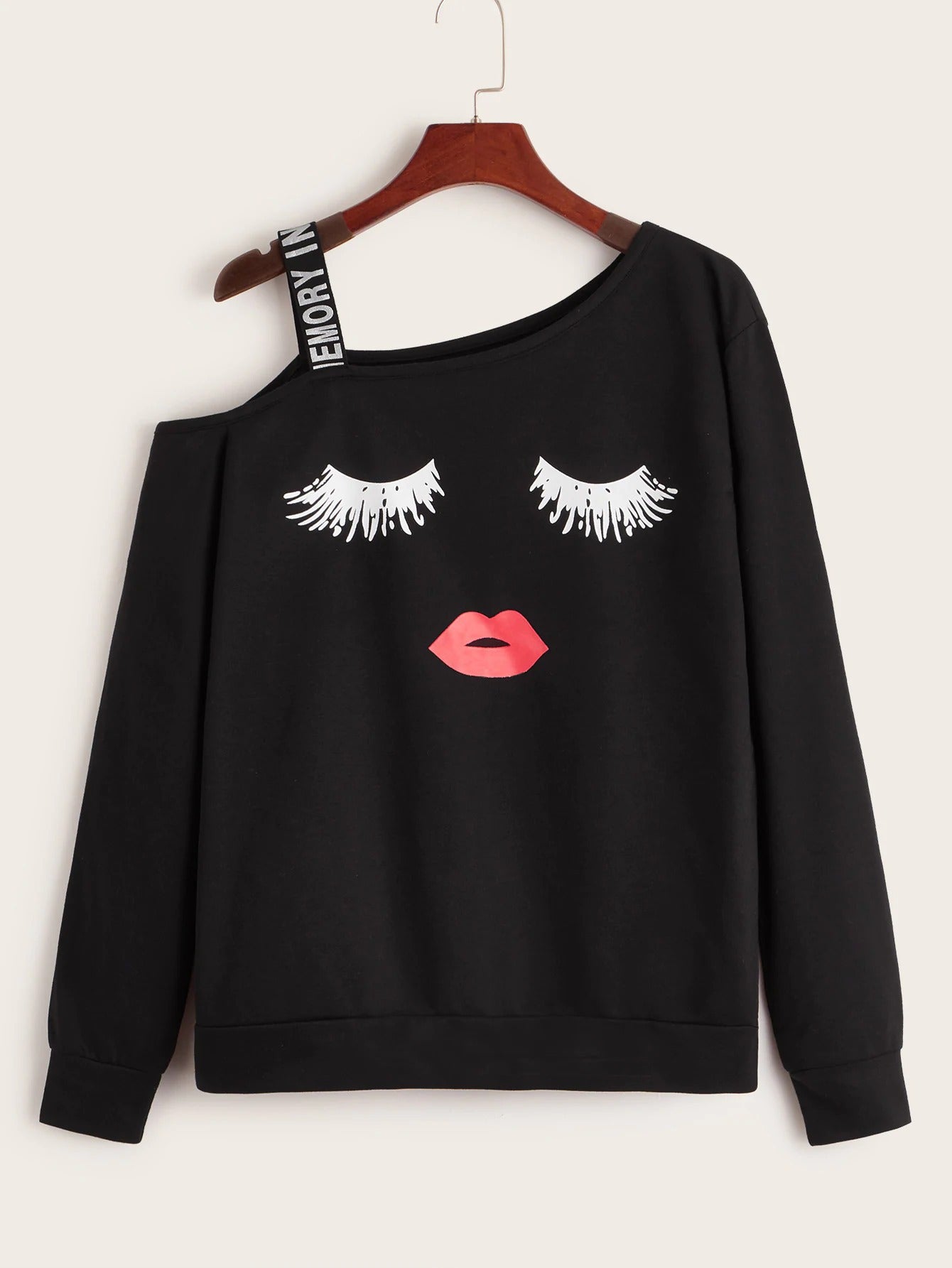 Lip Eyelash Print Sweet off-the-Shoulder Long Sleeve Sweater