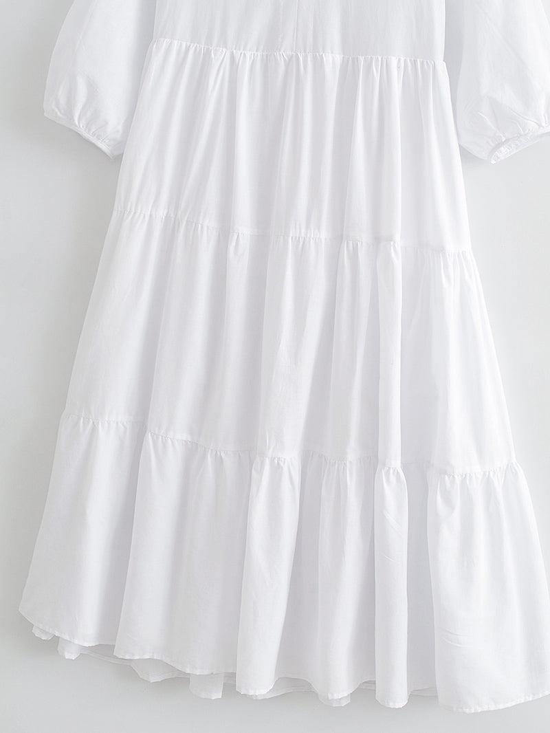 白色中长长袖打底连衣裙