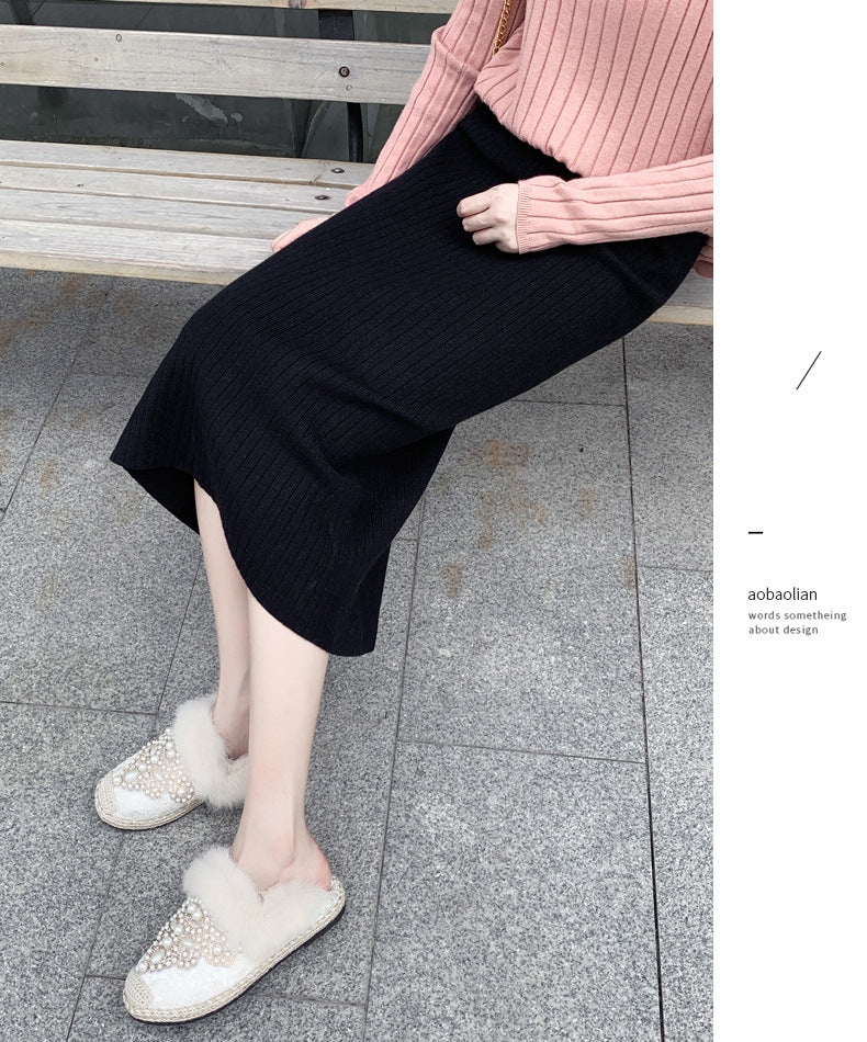 High Waist Mid Length Wool  Thickened Split Hip Skirt