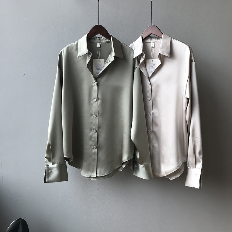 Korean Solid Color Elegant Loose Slimming Long Sleeve Collared Shirt