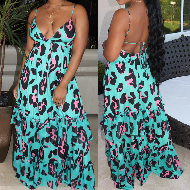 Summer Black Women Sexy Strap Leopard Print Dress