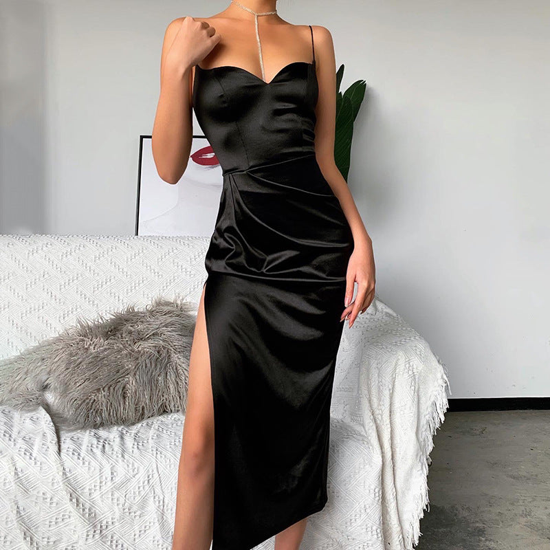 Solid Color Split Cami  Collar Sexy Slim Dress