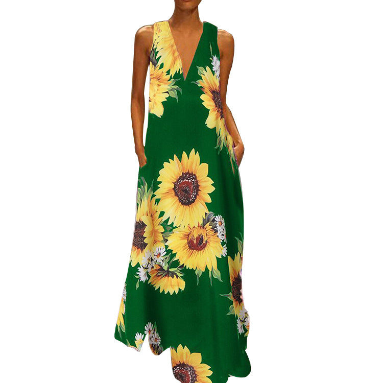 فستان بوهيمي مطبوع عباد الشمس