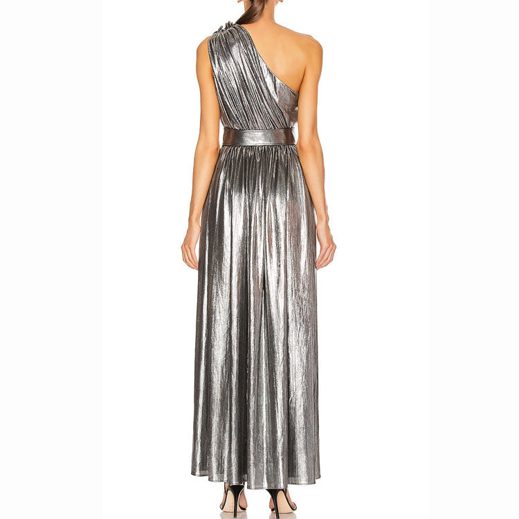 Metallic Coated fabric One-Shoulder Sexy Lacing Side Slit Mid-Length Formal Dress