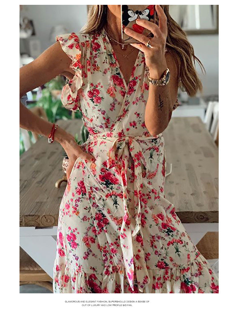 Spring Summer Sexy Print Lace-up Dress