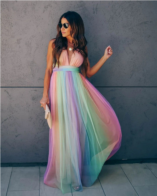Deep V Plunge Rainbow Mesh Camisole Dress