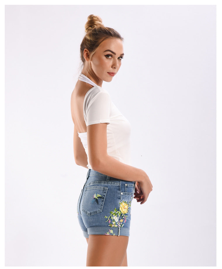 Wide Leg Stretch Clothing 3D Exquisite Embroidered Floral Denim Shorts