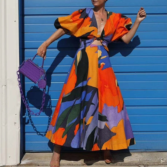 Clothing V-neck Tight Waist Color Matching Printed Ruffled Midi Dress