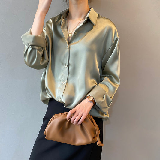 Korean Solid Color Elegant Loose Slimming Long Sleeve Collared Shirt