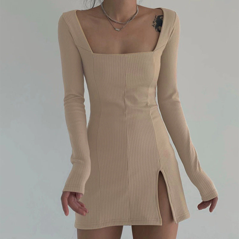 Sexy Square-Neck Tight Split Slimming Sheath Dress
