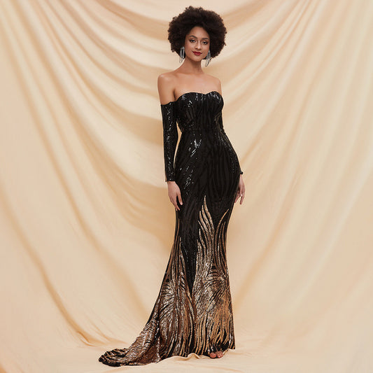 Off-Shoulder Sequined Small Trailing Evening Dress