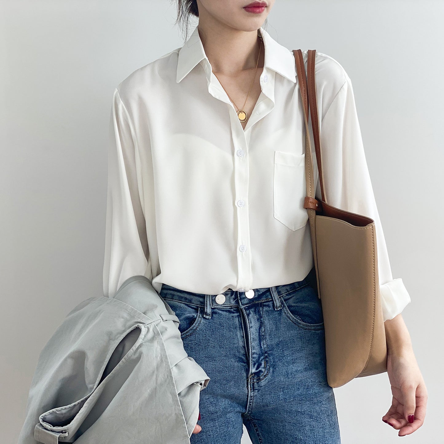 Korean Chic Solid Color Simple Long Sleeve Collared Shirt