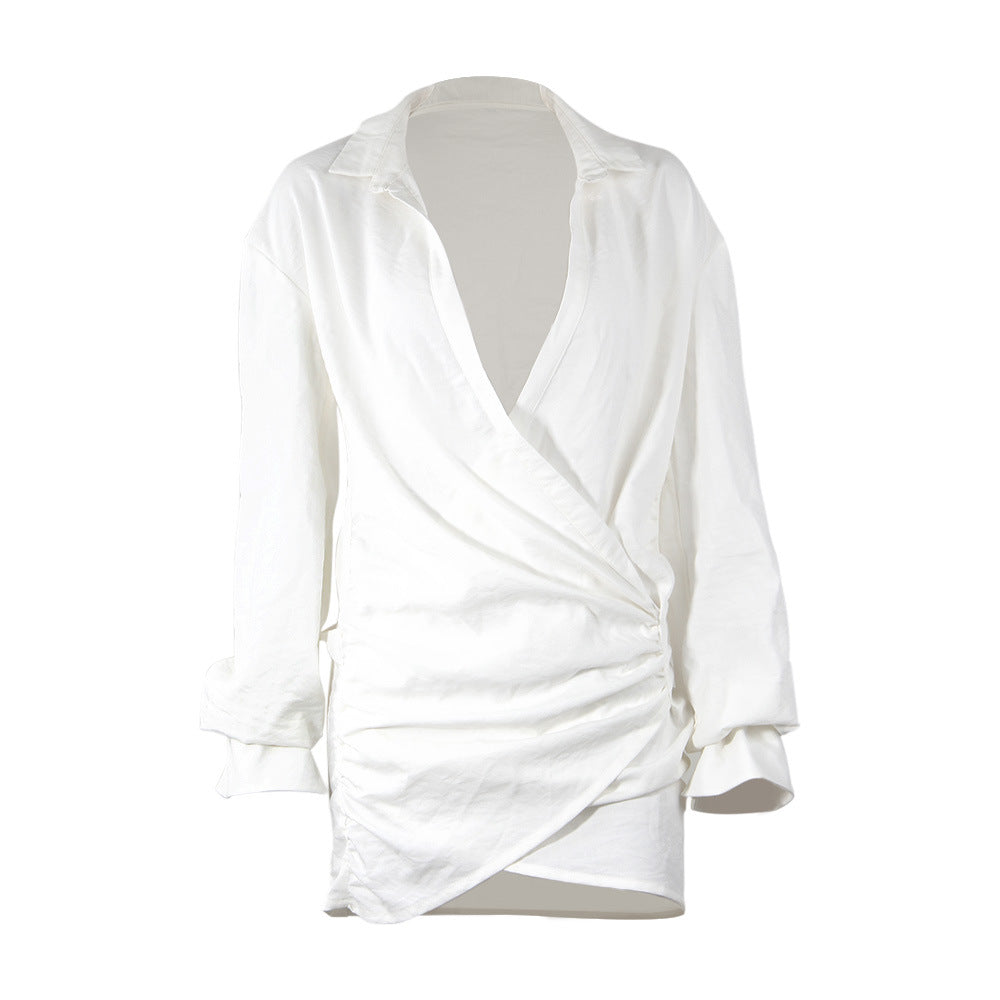 Long Sleeve White Shirt Sexy Deep V Plunge Linen Dress