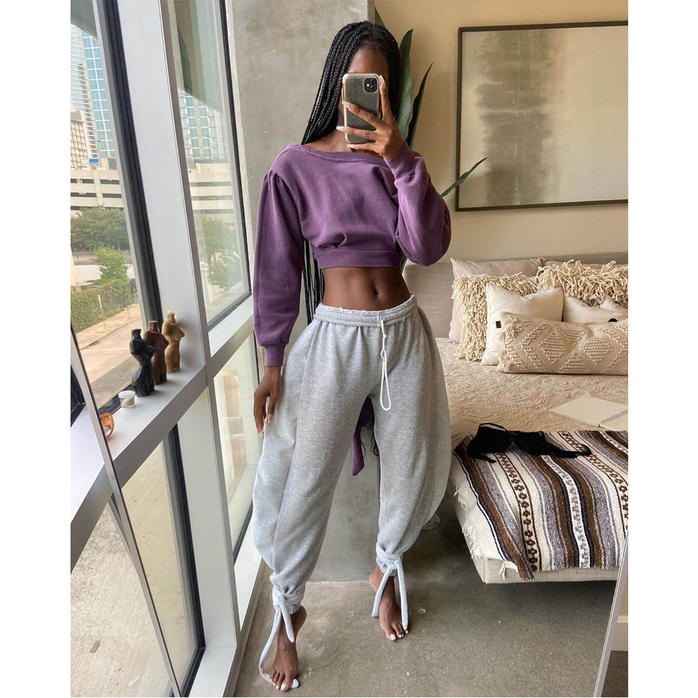 Solid Color Lace-up Ankle-Tied Wide Leg Casual Sports Pants