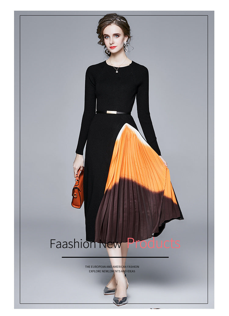 Elegant Knitted Stitching Gradient Color Pleated Slim Waist-Controlled Large Hem Dress